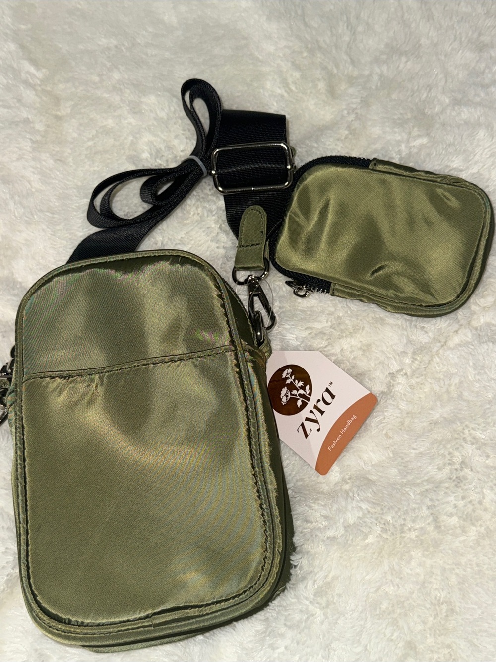 Olive Green Satin Crossbody Phone Pouch